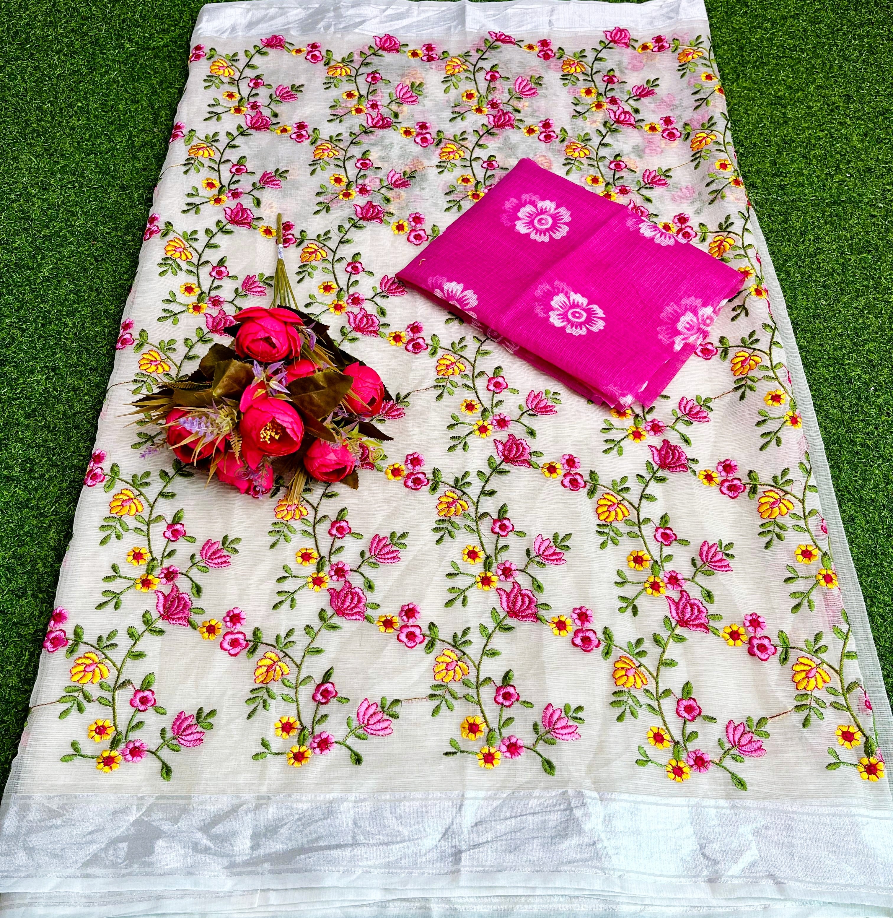 Kota Doria Hand Embroidery Work Saree With Contrast Handpainted Blouse Piece