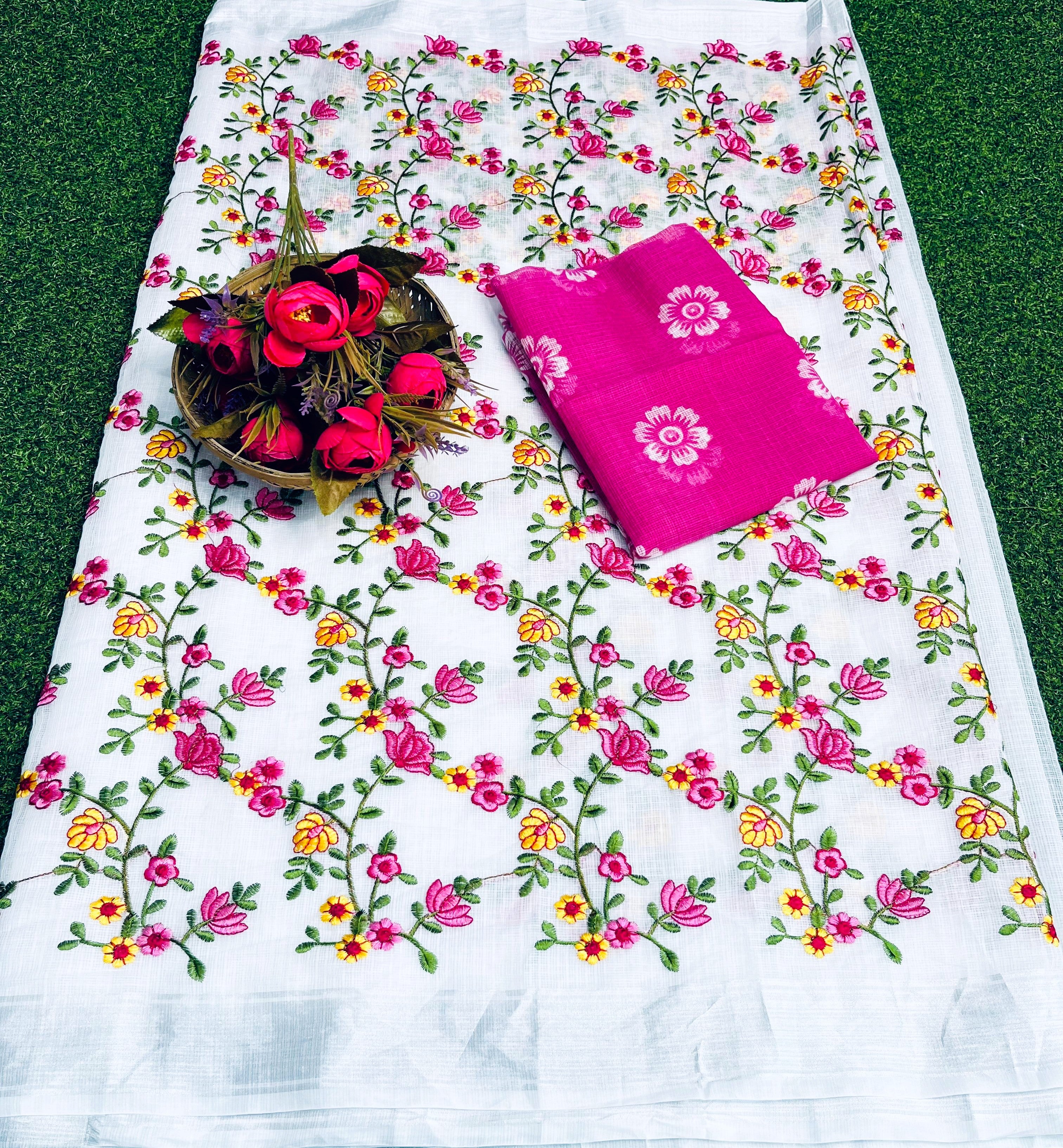 Kota Doria Hand Embroidery Work Saree With Contrast Handpainted Blouse Piece