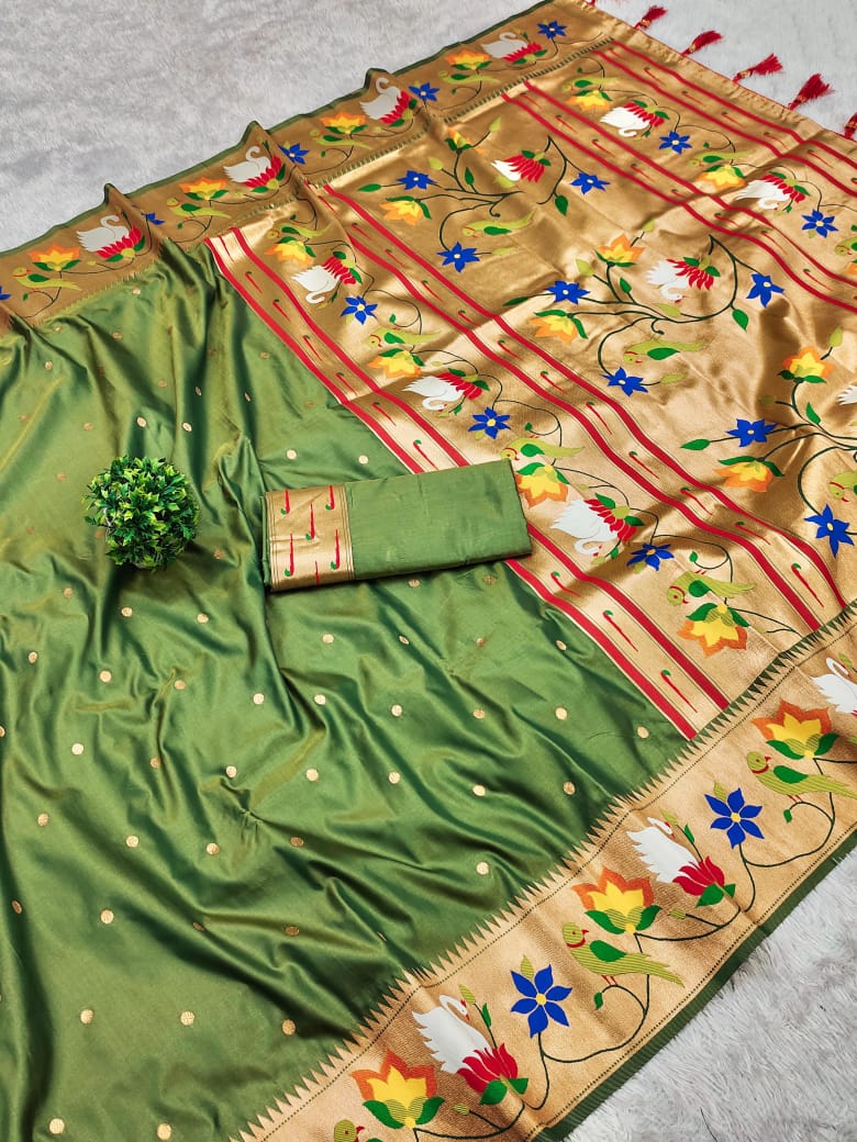 Premium Soft Silk Paithani Saree with Swan Motif Brocade | All-Over Butti | Rich Swan Pallu