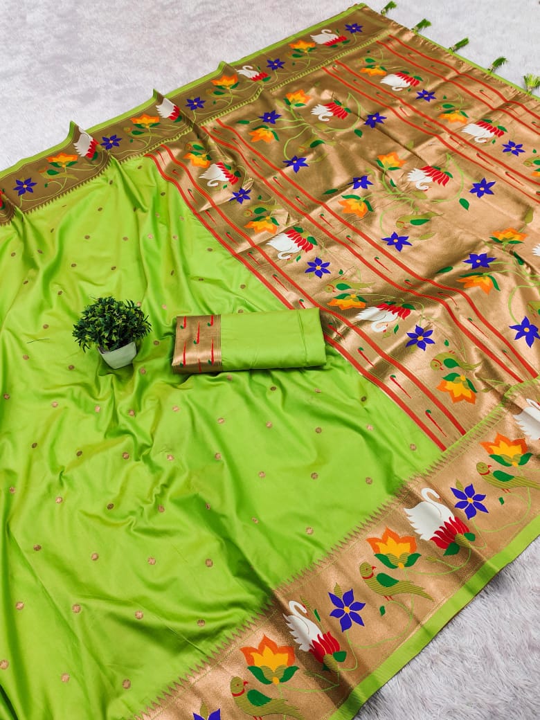 Premium Soft Silk Paithani Saree with Swan Motif Brocade | All-Over Butti | Rich Swan Pallu