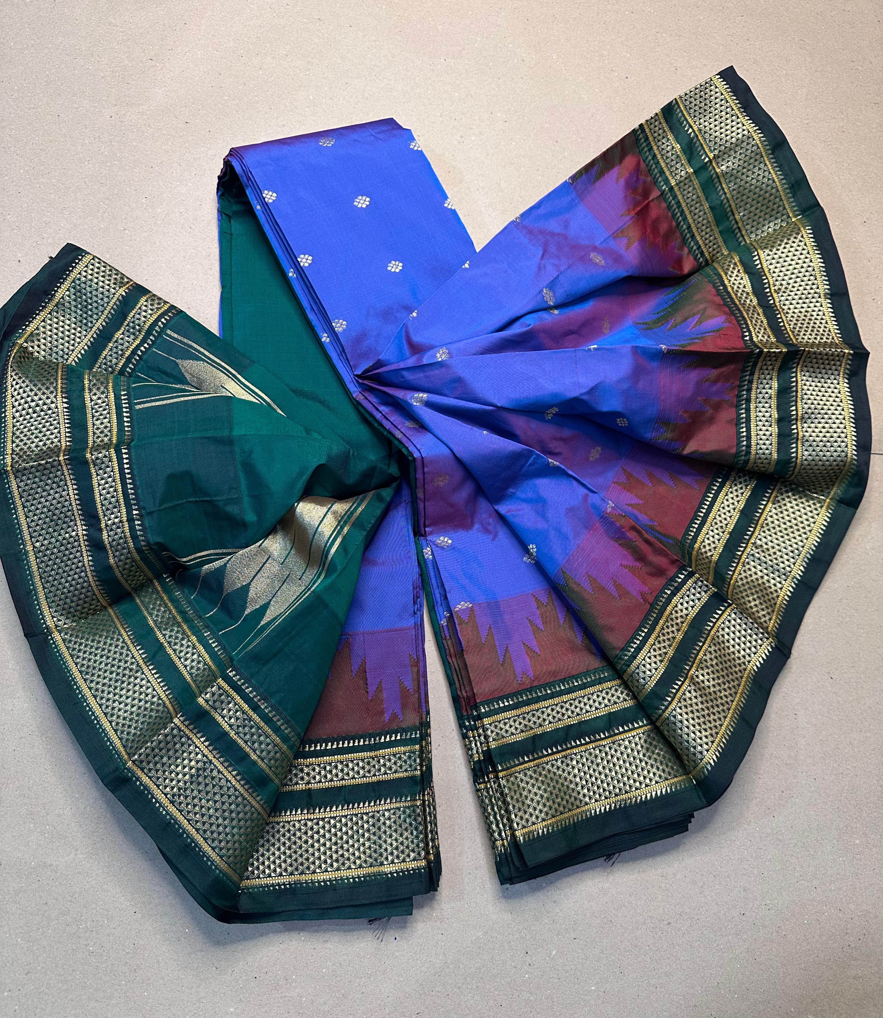 Ilkal Temple Border Saree with Butta Work | Shine-Finish Polyester Cotton Blend