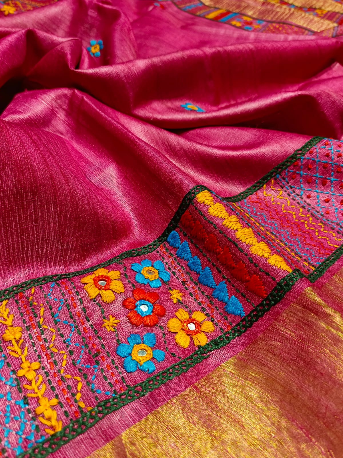 Chhattisgarh Tussar Silk Hand Embroidered Saree (With Stitched Blouse)