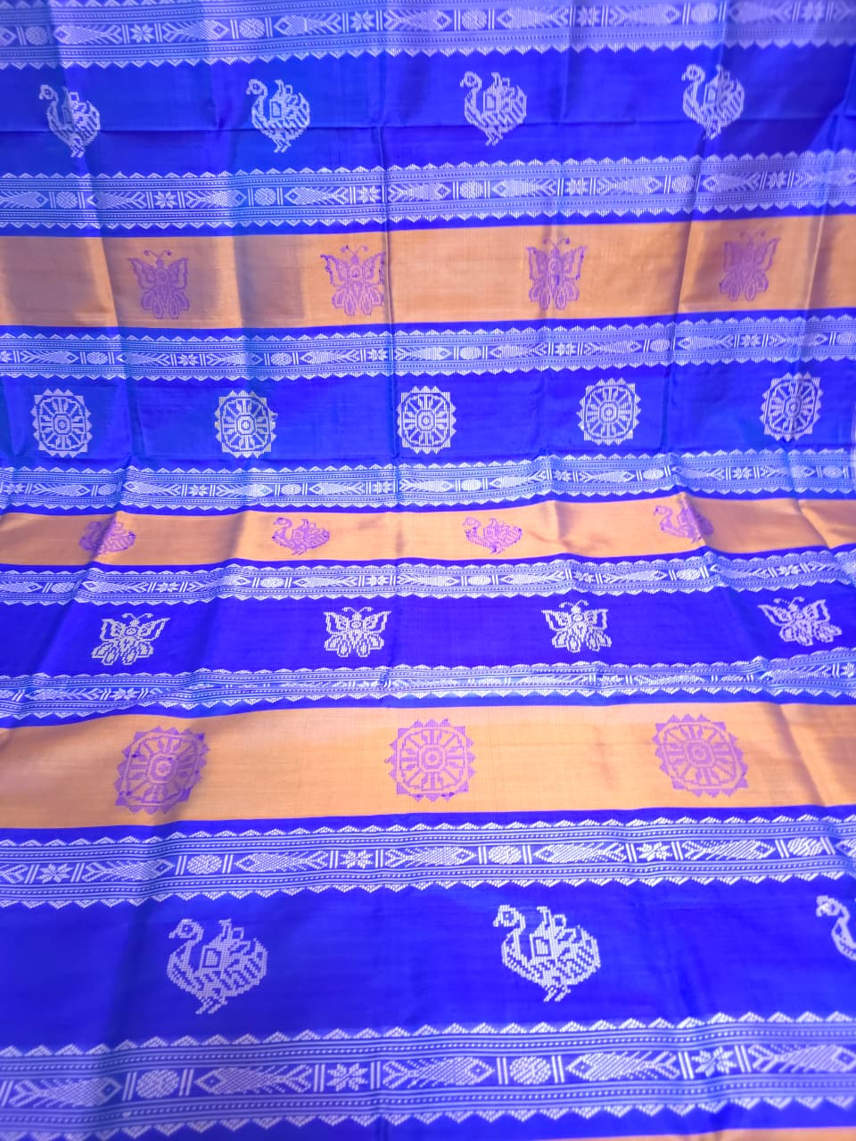 Dual Tone Mustard Gold With Blue Berhampuri Double Aanchal Silk Saree with Blouse