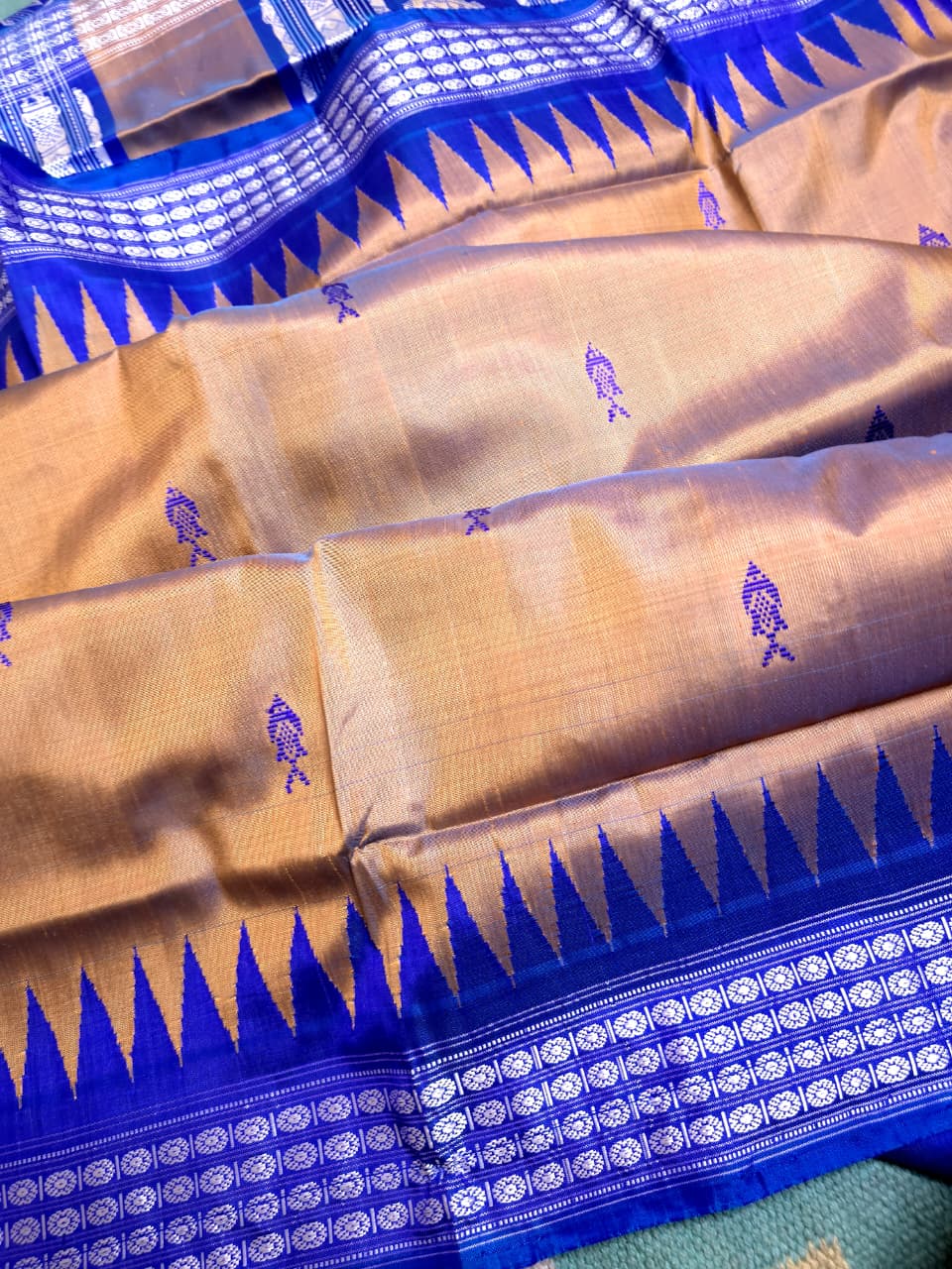 Dual Tone Mustard Gold With Blue Berhampuri Double Aanchal Silk Saree with Blouse