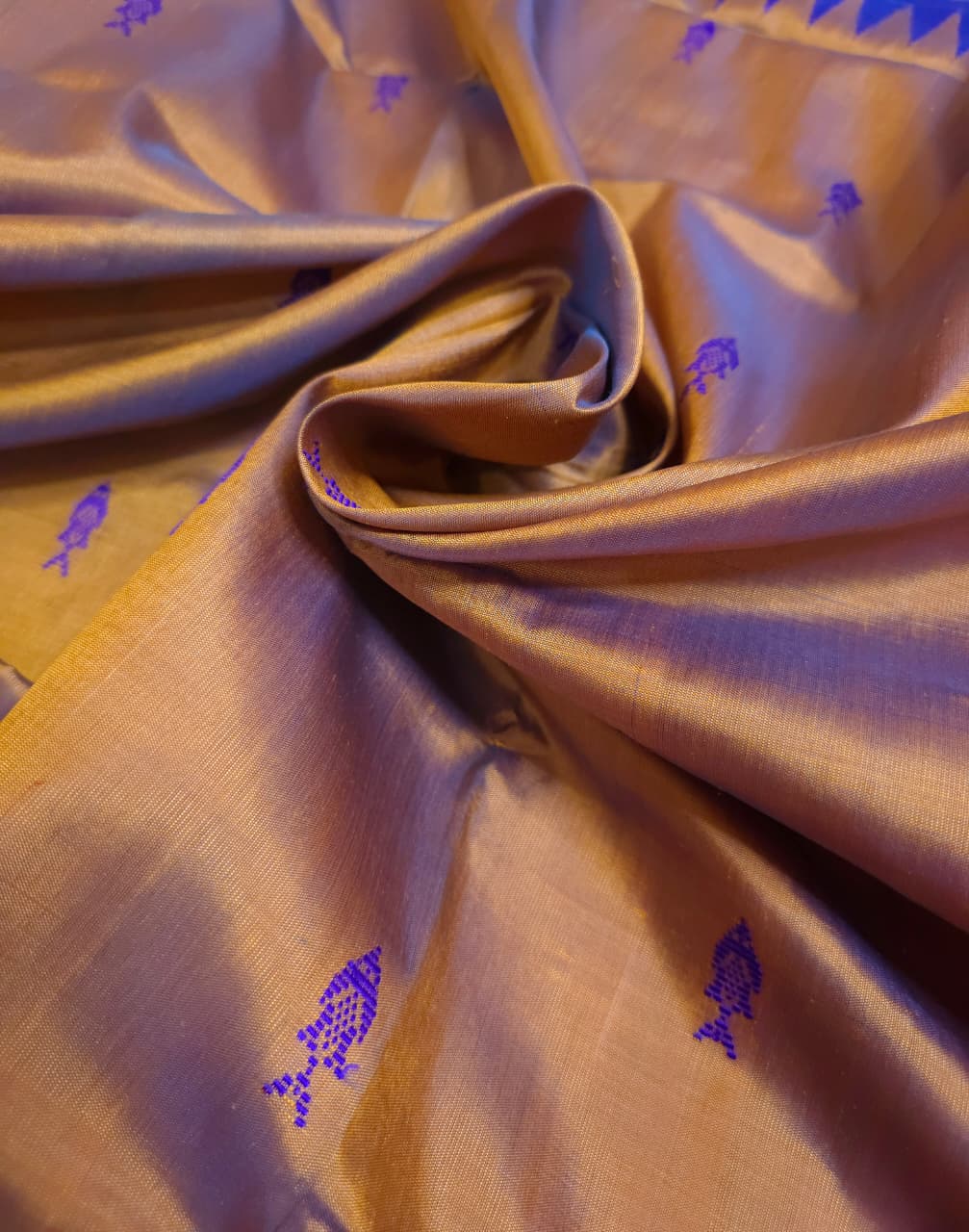 Dual Tone Mustard Gold With Blue Berhampuri Double Aanchal Silk Saree with Blouse