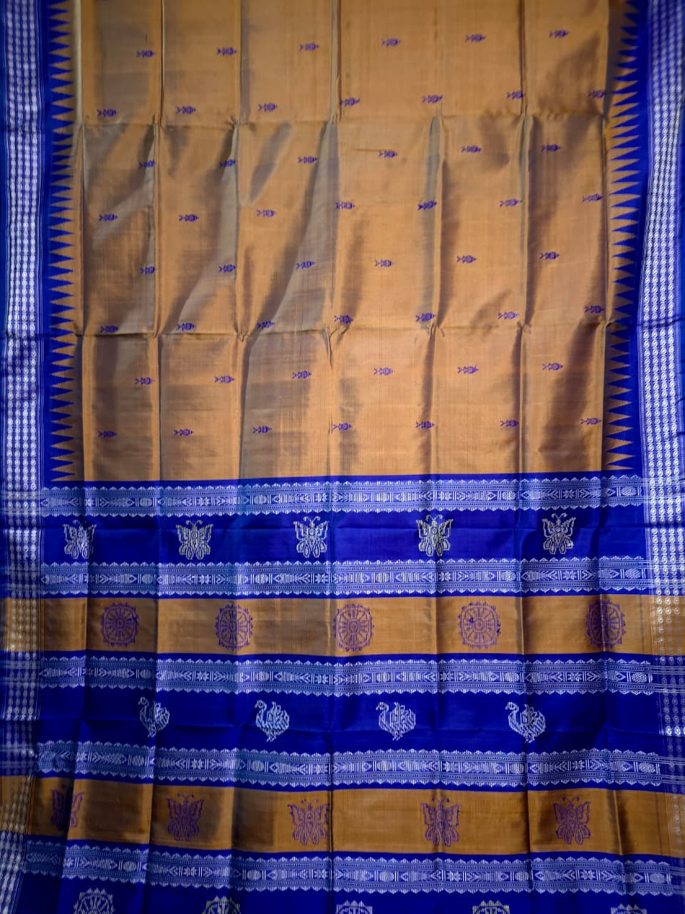 Dual Tone Mustard Gold With Blue Berhampuri Double Aanchal Silk Saree with Blouse