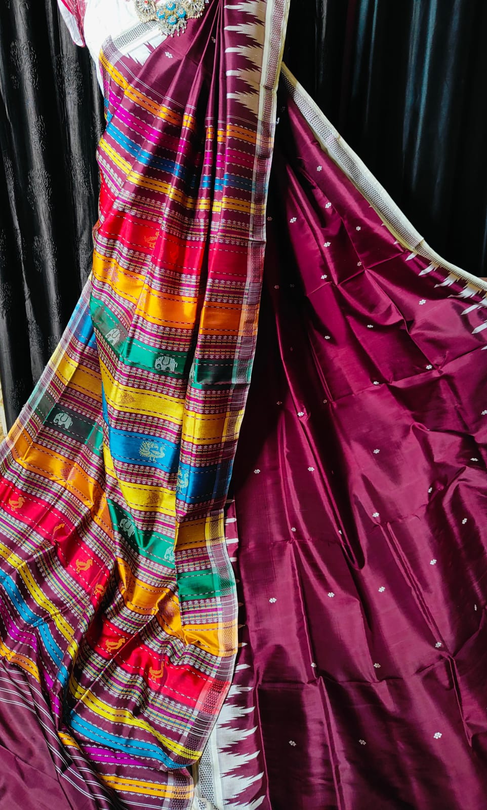 Royal Wine Shade Pure Silk Berhampuri Saree | Odisha Handloom Masterpiece