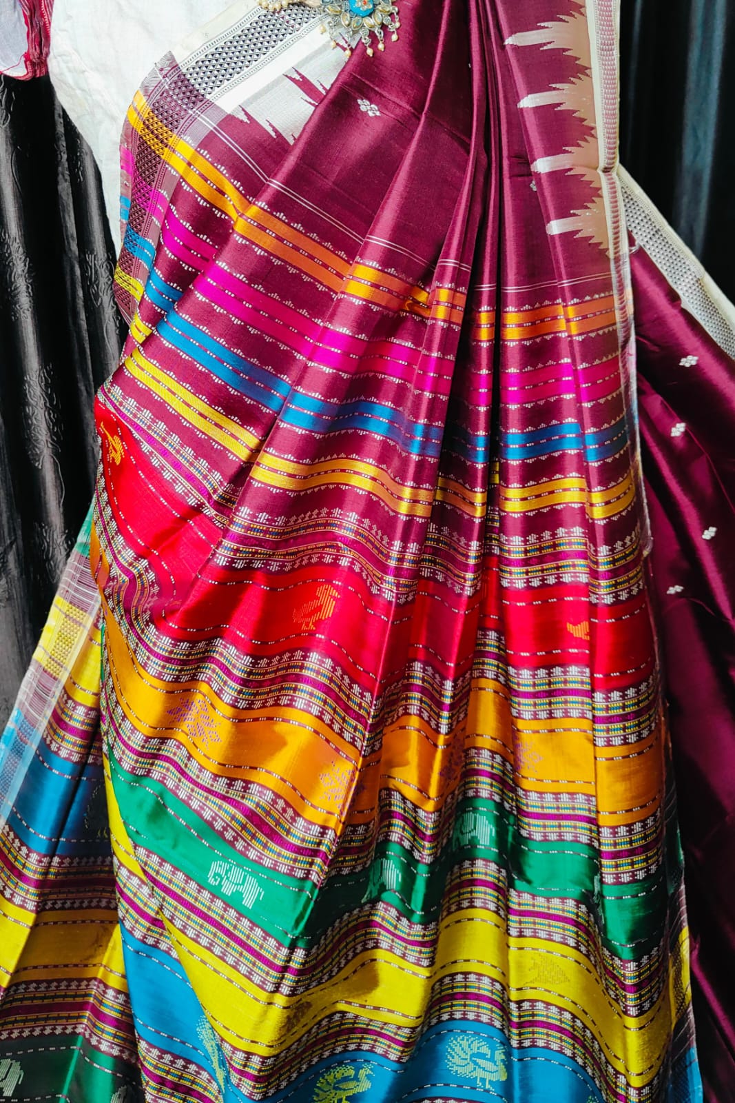 Royal Wine Shade Pure Silk Berhampuri Saree | Odisha Handloom Masterpiece