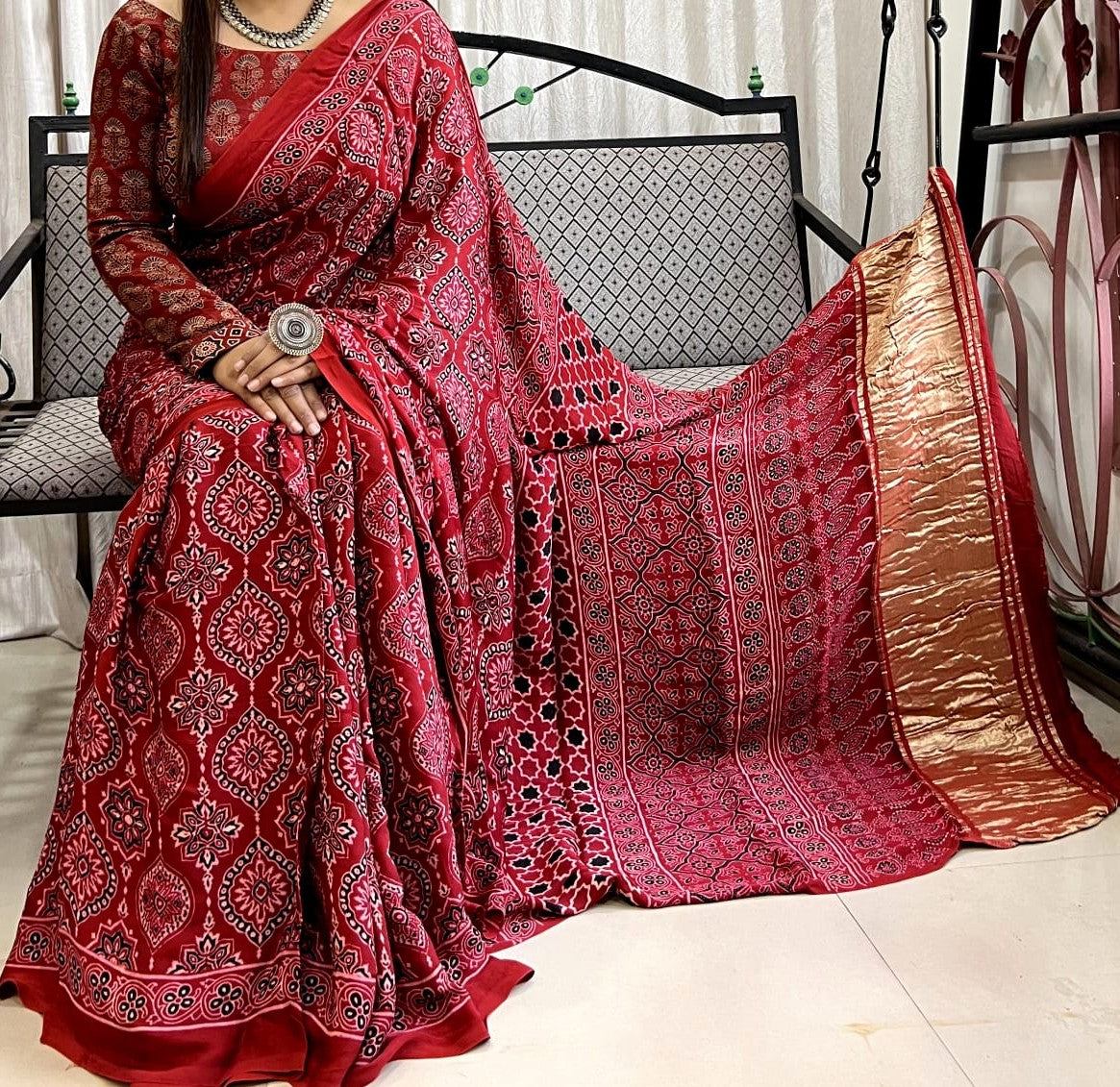 Unique Red Ajrakh Handblock Modal Silk Saree