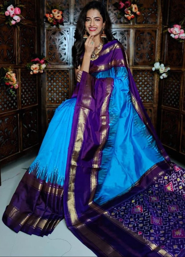 Light Blue & Purple Exclusive Pure Silk (Pattu) Authentic Indian Handloom Saree