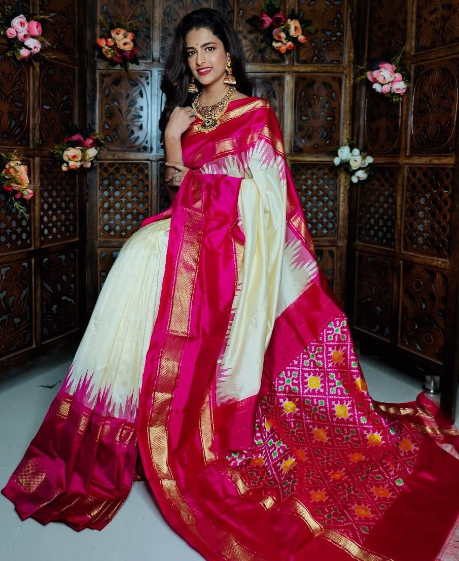 White & Rani Pink Exclusive Pure Silk (Pattu) Authentic Indian Handloom Saree