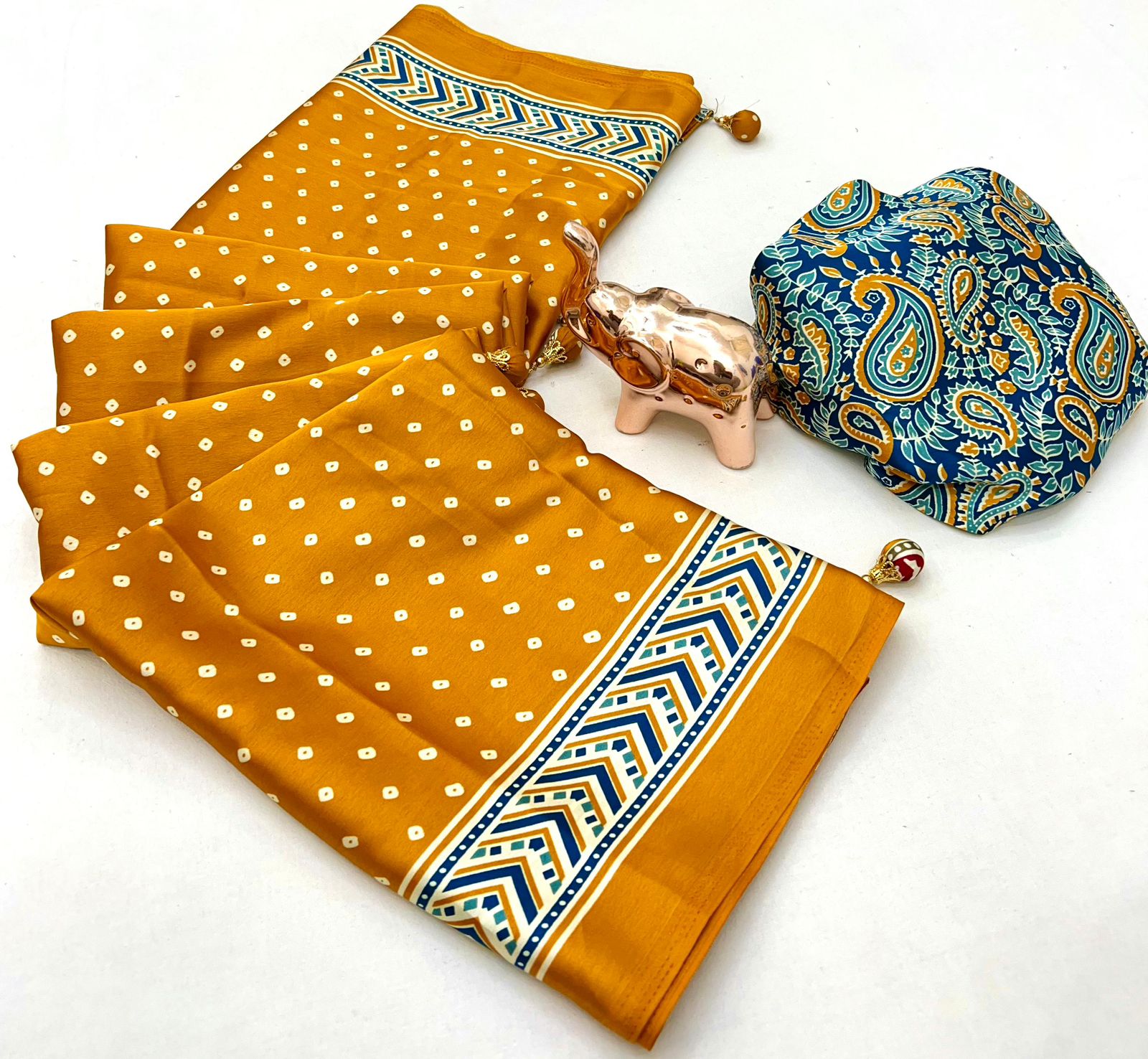 Golden Yellow Polka Print Crepe Saree With Contrast Indigo Blouse Piece