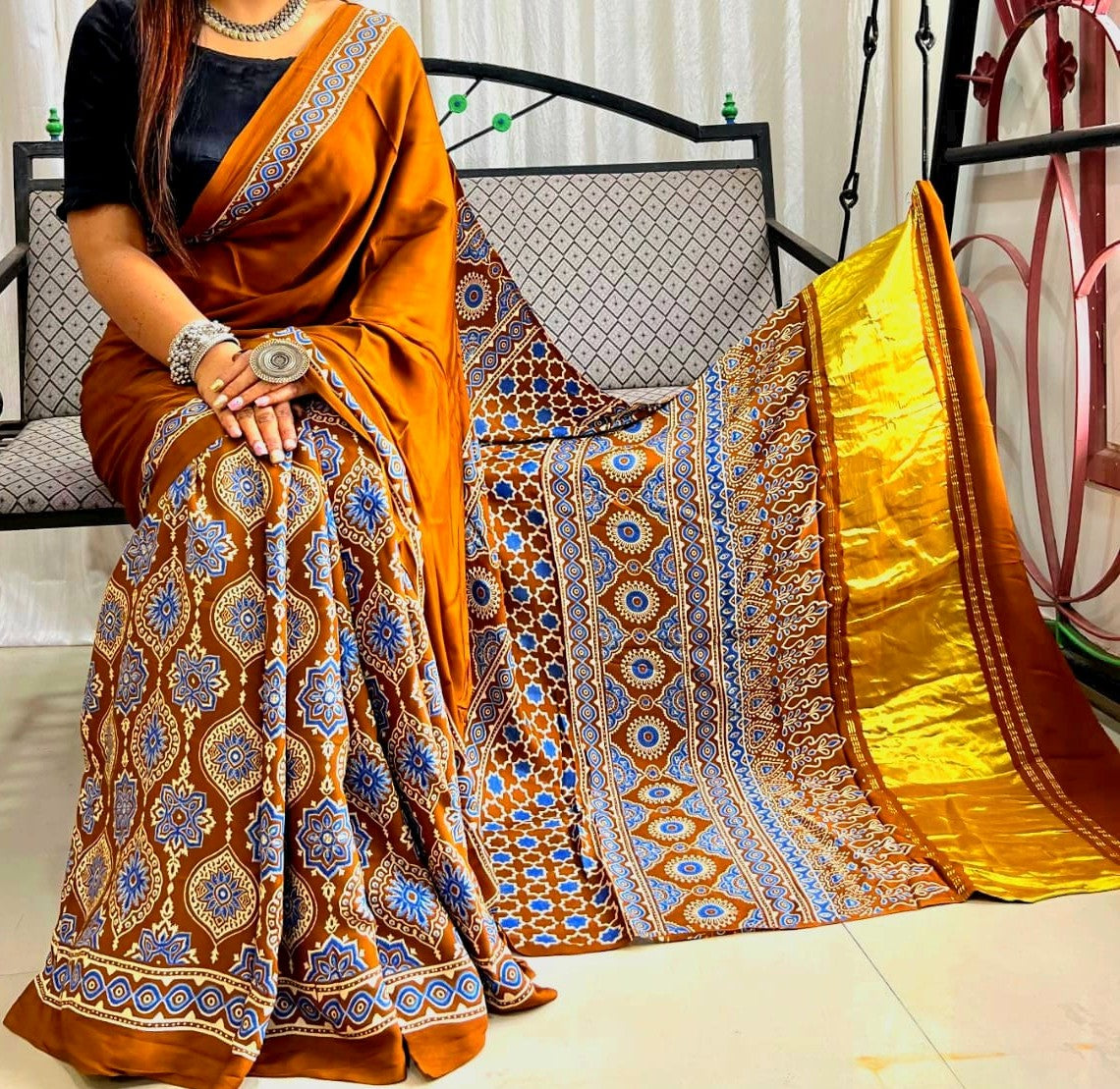 Golden Yellow Pure Modal Silk Ajrakh Saree