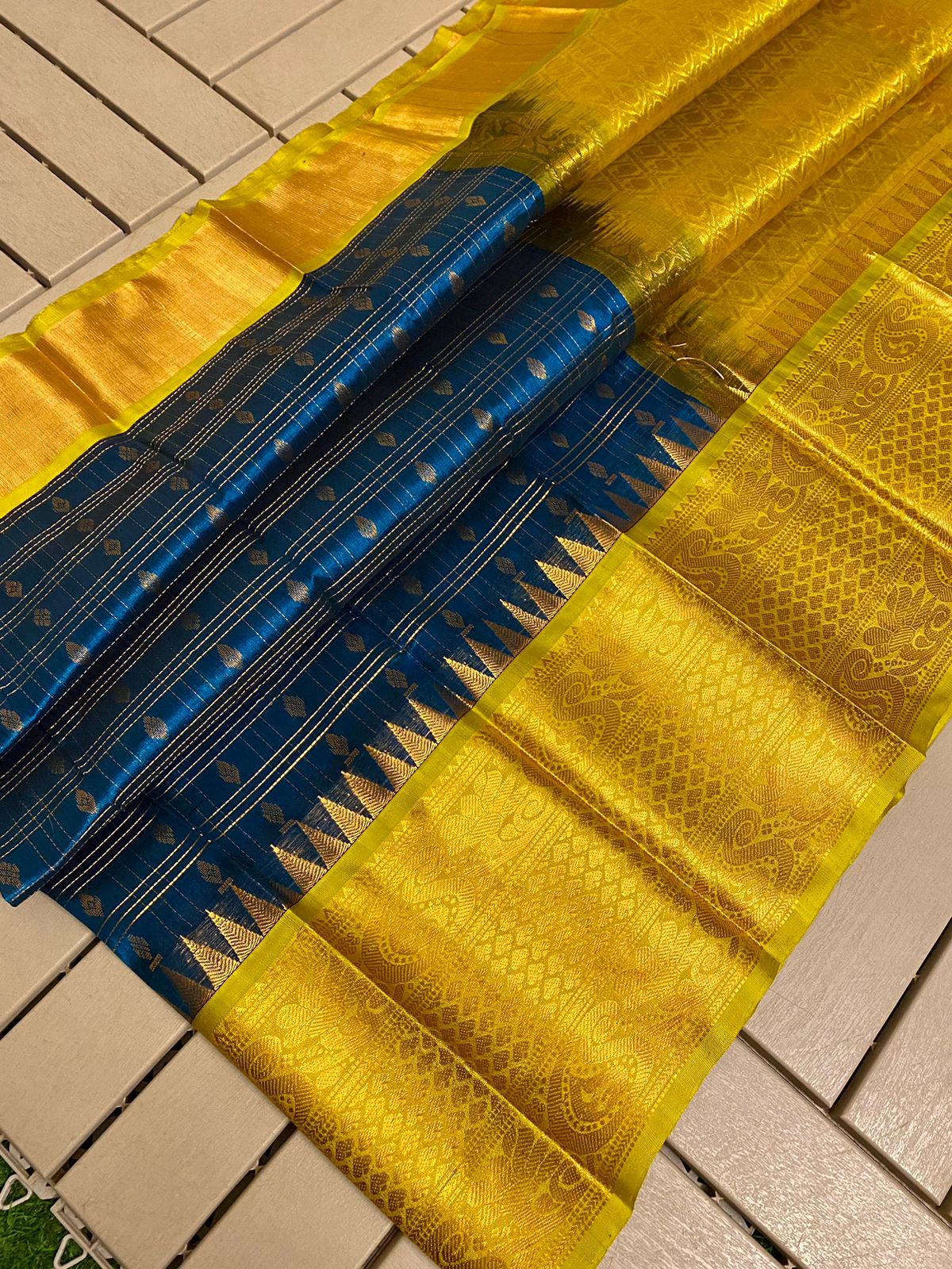 Rich Blue and Golden Yellow Kanchi Kuppadam Pure Pattu Hadloom Saree