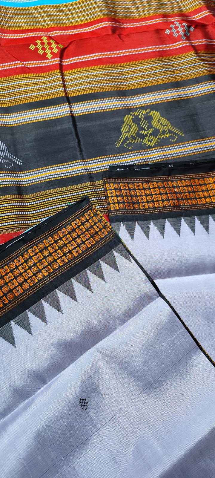 Berhampuri Double Pallu Silk Saree with Heavy Threadwork Pallu & Contrast Blouse