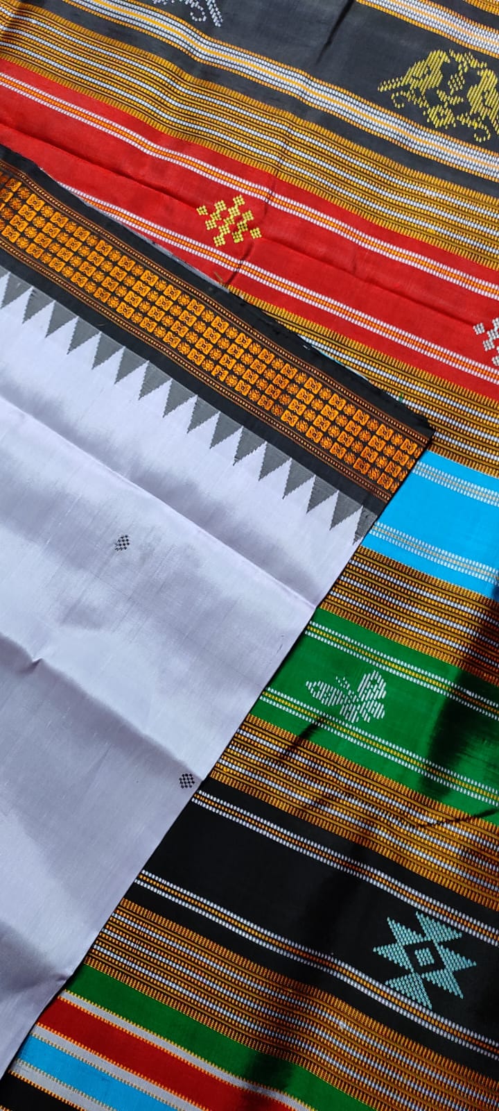 Berhampuri Double Pallu Silk Saree with Heavy Threadwork Pallu & Contrast Blouse