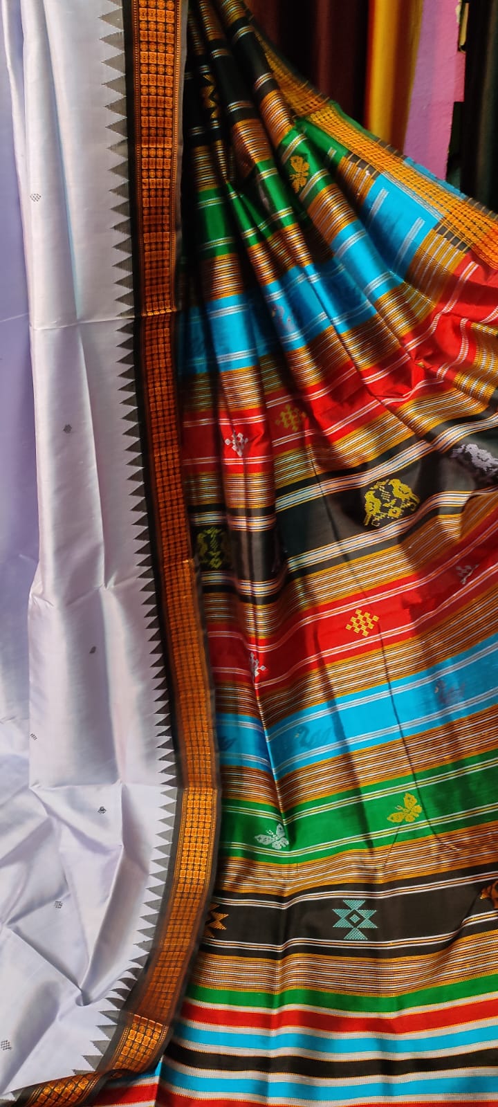 Berhampuri Double Pallu Silk Saree with Heavy Threadwork Pallu & Contrast Blouse