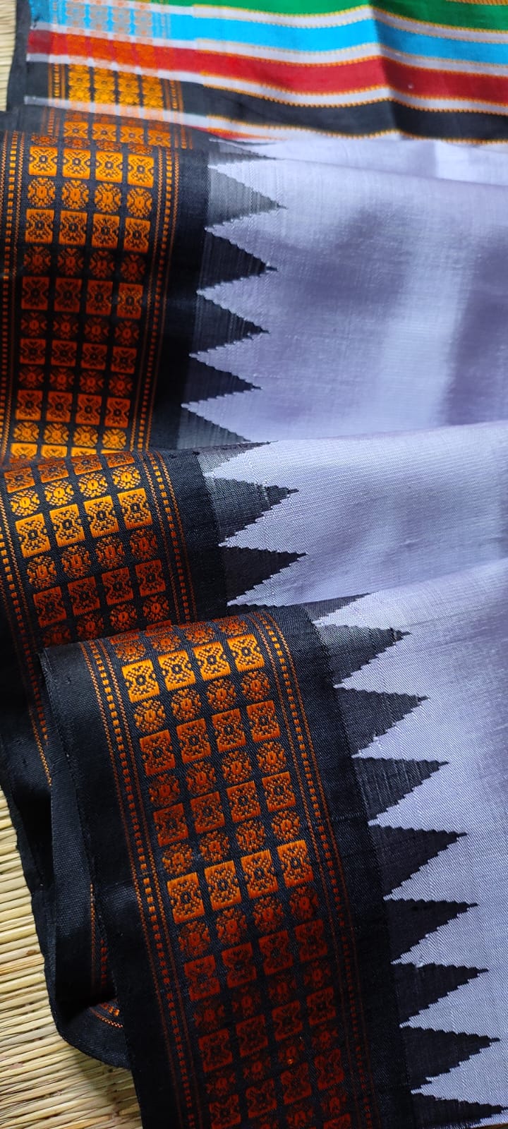 Berhampuri Double Pallu Silk Saree with Heavy Threadwork Pallu & Contrast Blouse