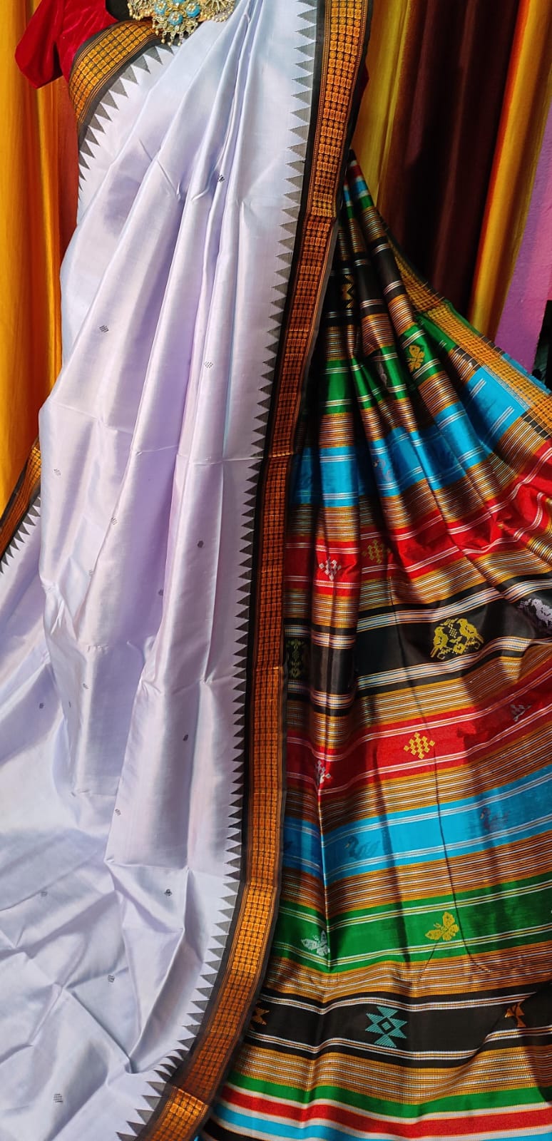 Berhampuri Double Pallu Silk Saree with Heavy Threadwork Pallu & Contrast Blouse