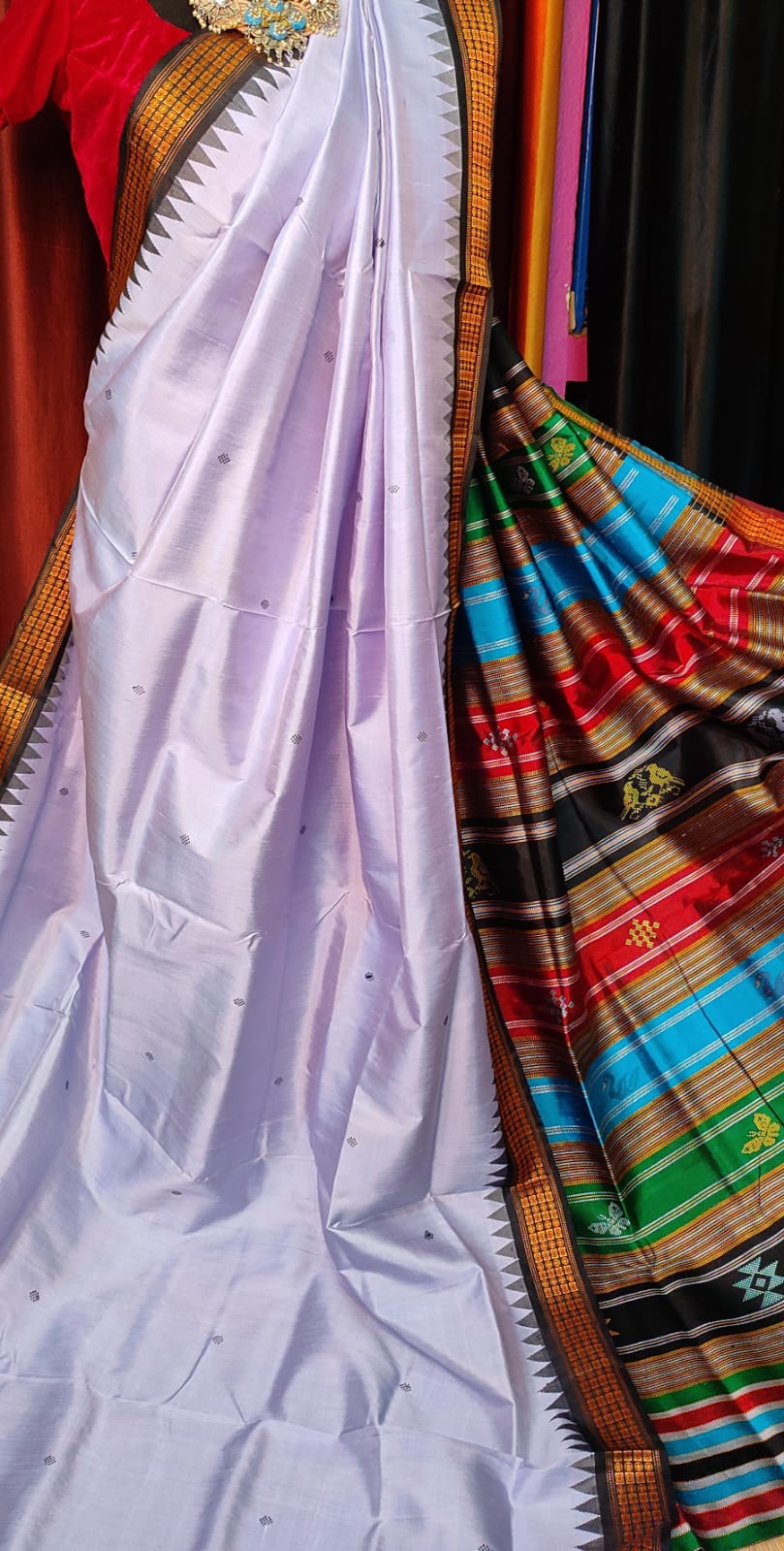 Berhampuri Double Pallu Silk Saree with Heavy Threadwork Pallu & Contrast Blouse