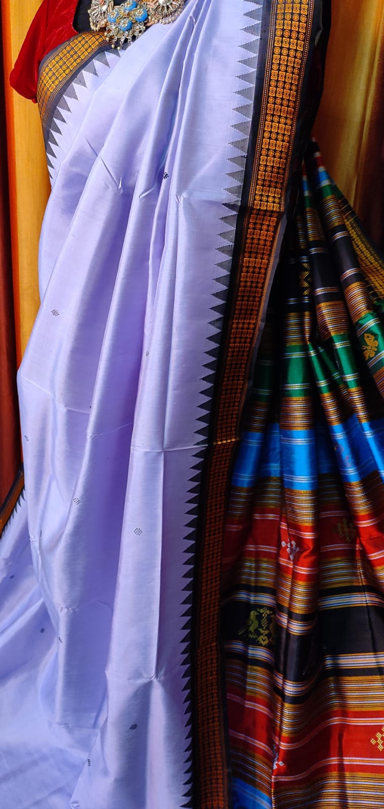 Berhampuri Double Pallu Silk Saree with Heavy Threadwork Pallu & Contrast Blouse