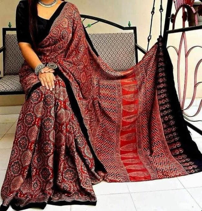 Pure Modal Silk Ajrakh Saree – Natural Dye | Hand-Block Print | Premium Party & Festive Wear