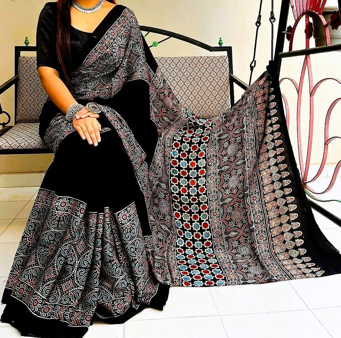 Pure Modal Silk Ajrakh Saree – Natural Dye | Hand-Block Print | Premium Party & Festive Wear