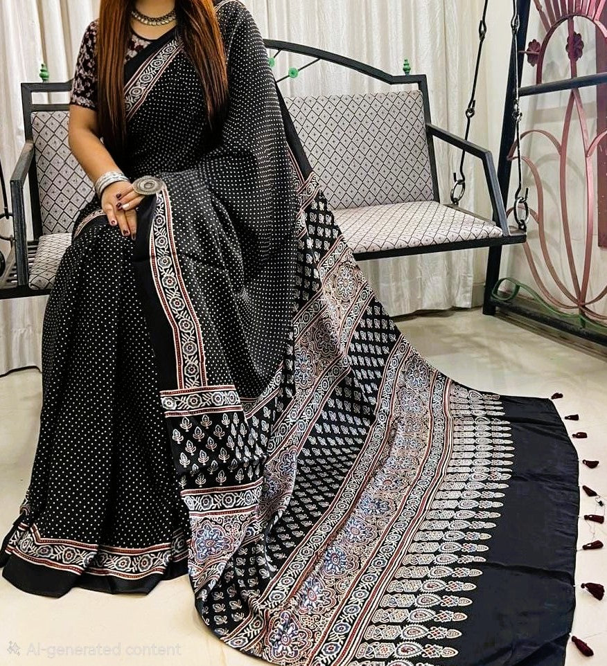 Pure Modal Silk Ajrakh Saree – Natural Dye | Hand-Block Print | Party & Festive Wear
