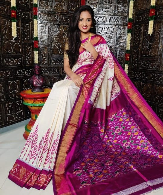 White & Pink Exclusive Special Twill Ikkat Pure Silk Handloom Saree