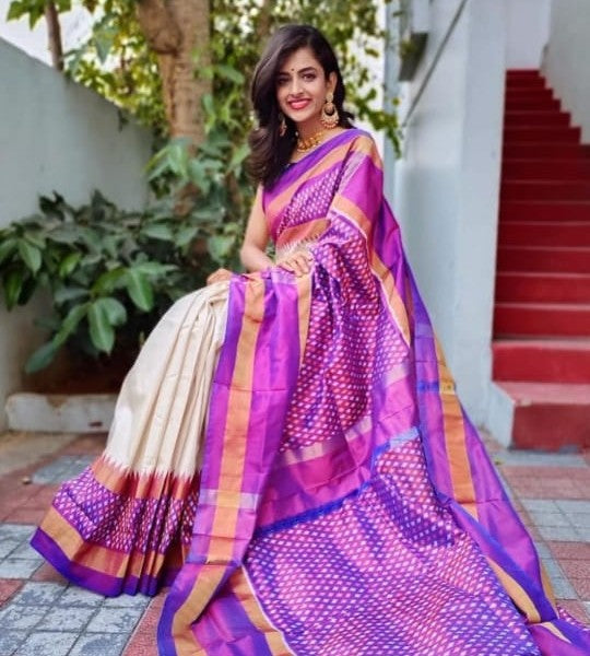 Exclusive Royal Purple Special Twill Ikkat Pure Silk Handloom Saree