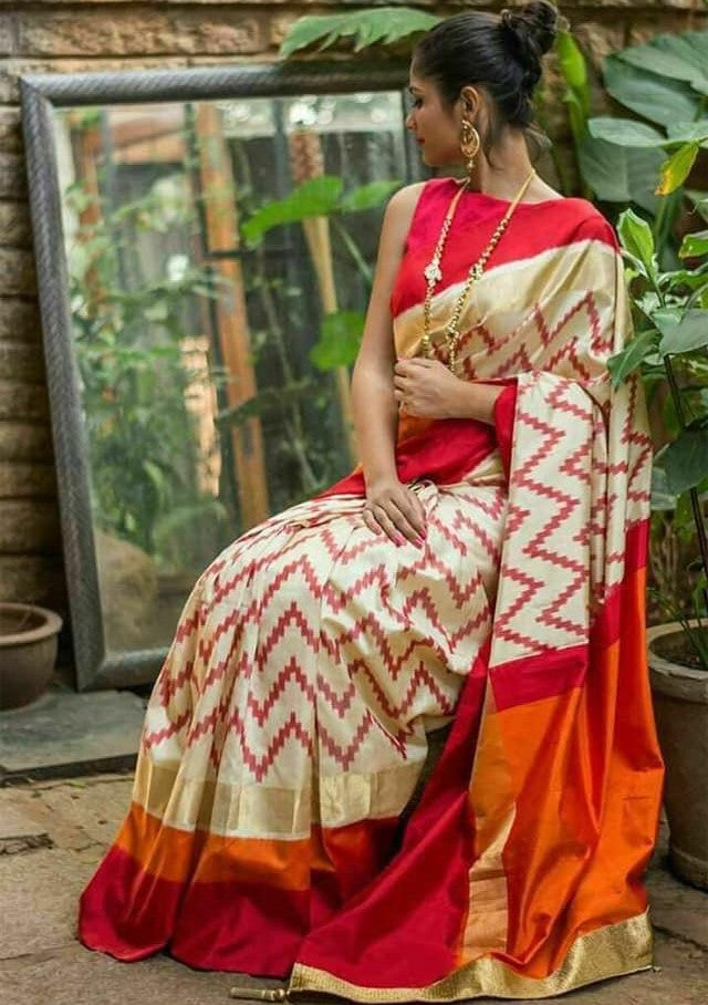 Exclusive Special Twill Ikkat Pure Silk Handloom Saree in Ivory & Brick Red