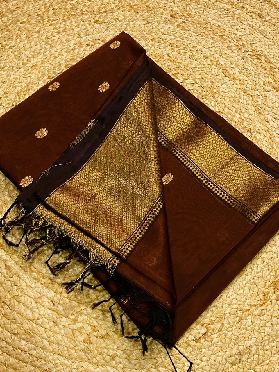 Coffee Brown Pure Maheshwari Handloom Butti Saree with Big Golden Border