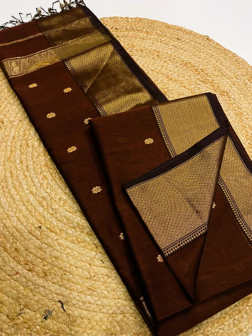 Coffee Brown Pure Maheshwari Handloom Butti Saree with Big Golden Border