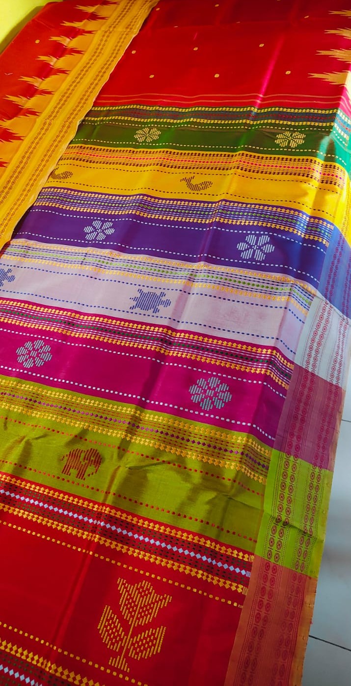 Red Berhampuri Double Palla Silk Saree with 4 Fulia Rudraksha Border