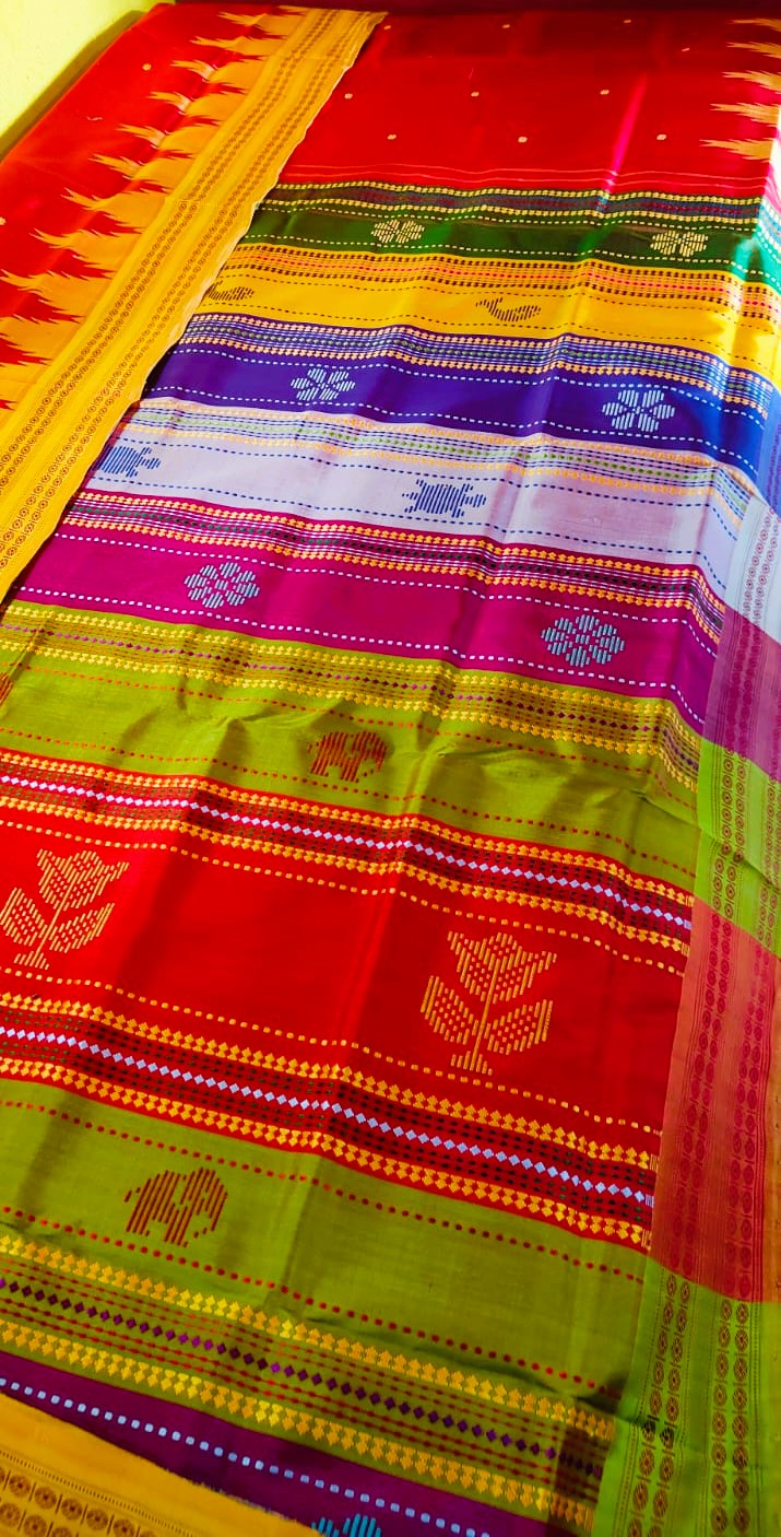 Red Berhampuri Double Palla Silk Saree with 4 Fulia Rudraksha Border