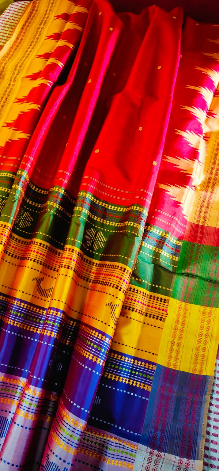 Red Berhampuri Double Palla Silk Saree with 4 Fulia Rudraksha Border