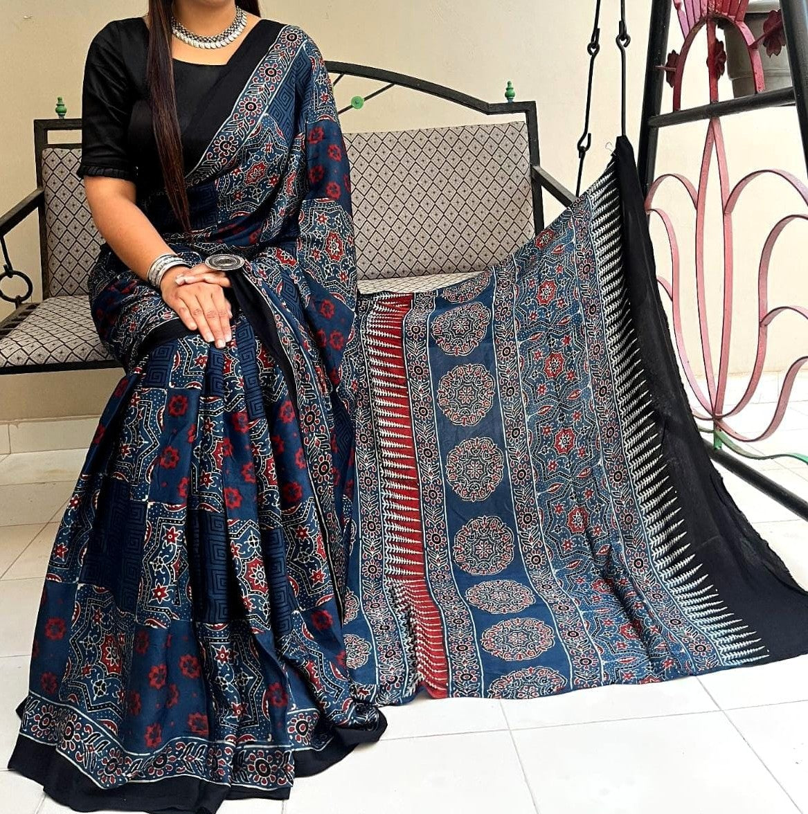 Most Demanding Ajrakh Hand-Block Printed Pure Modal Silk Saree | Bestseller