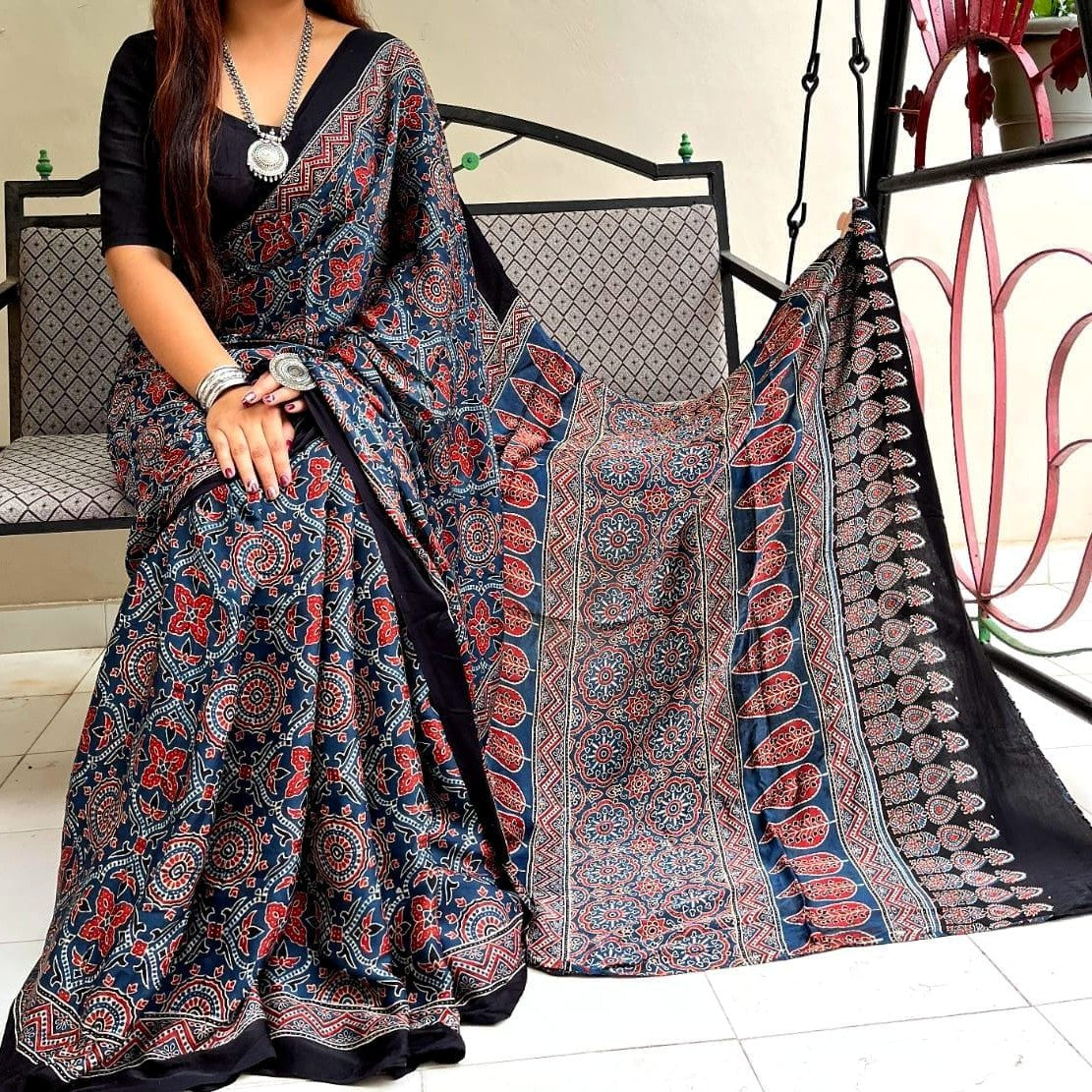 Most Demanding Ajrakh Hand-Block Printed Pure Modal Silk Saree | Bestseller