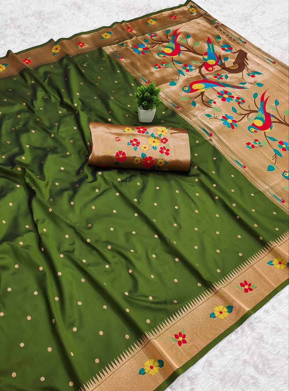 Beautiful Flower Motif Border Paithani Soft Silk Saree — With Brocade Blouse