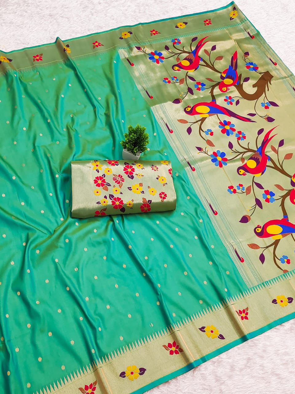 Beautiful Flower Motif Border Paithani Soft Silk Saree — With Brocade Blouse