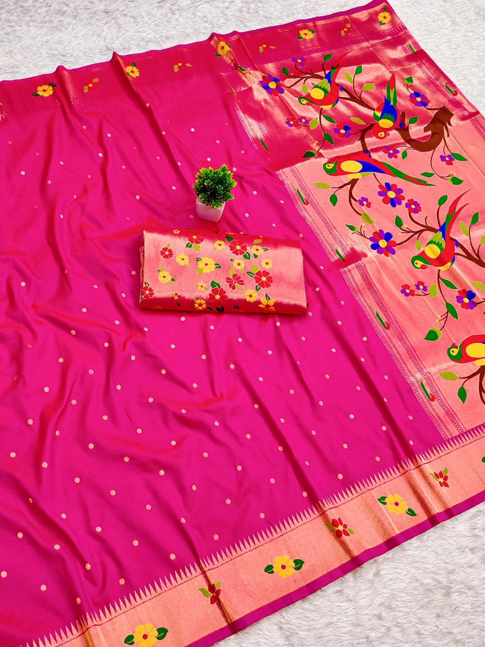 Beautiful Flower Motif Border Paithani Soft Silk Saree — With Brocade Blouse