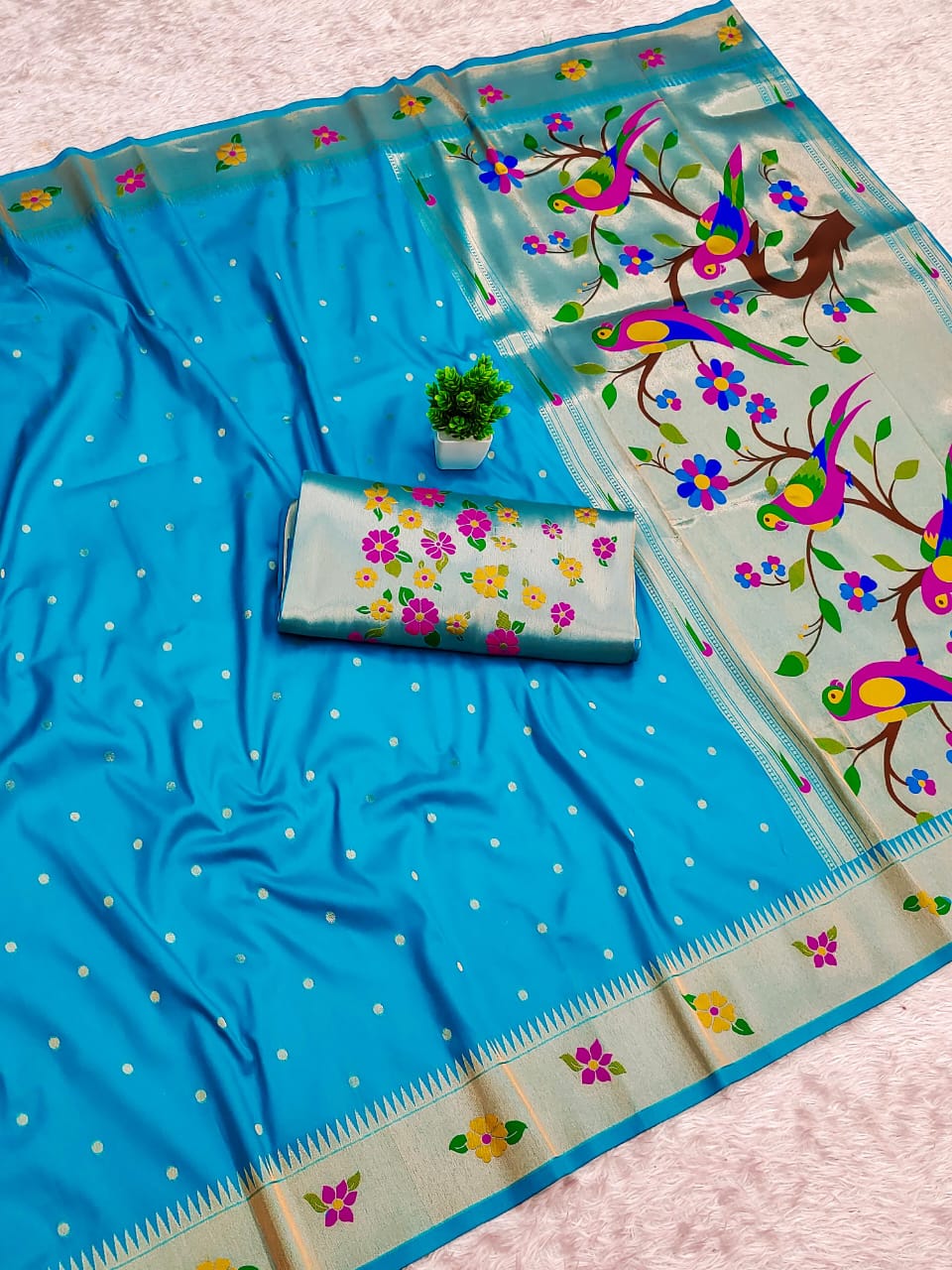 Beautiful Flower Motif Border Paithani Soft Silk Saree — With Brocade Blouse