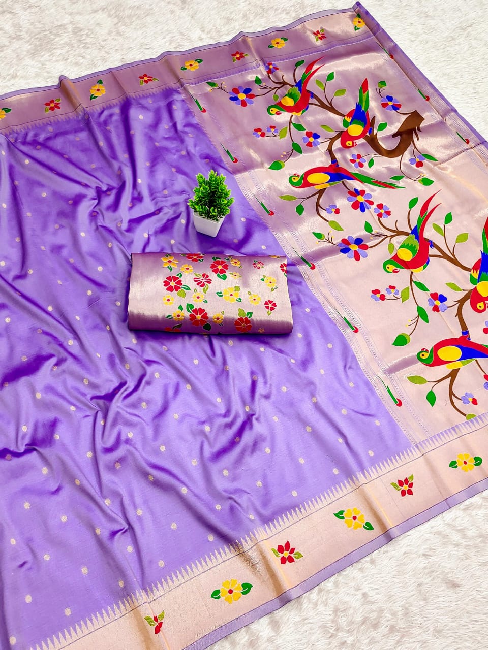 Beautiful Flower Motif Border Paithani Soft Silk Saree — With Brocade Blouse