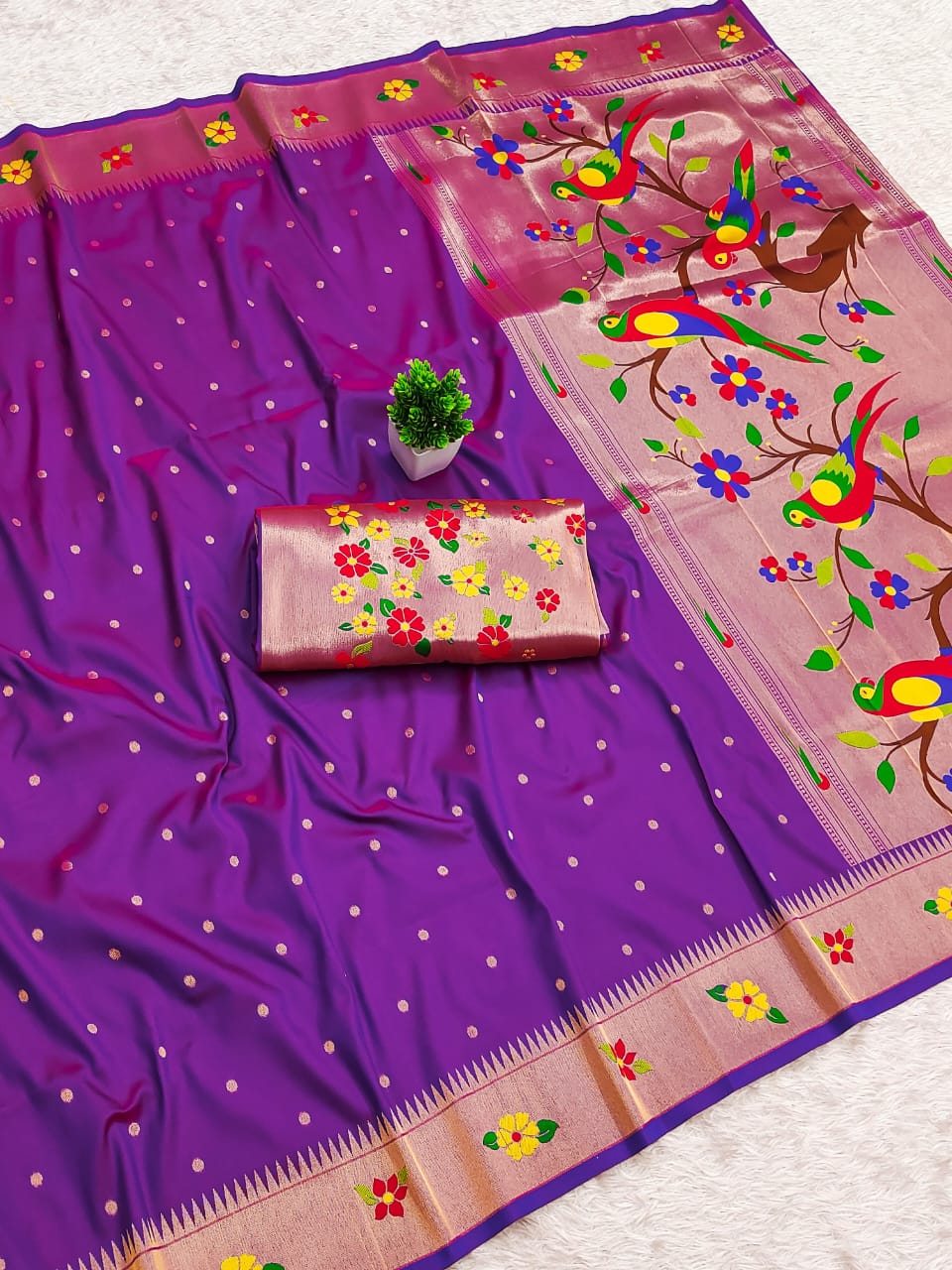 Beautiful Flower Motif Border Paithani Soft Silk Saree — With Brocade Blouse