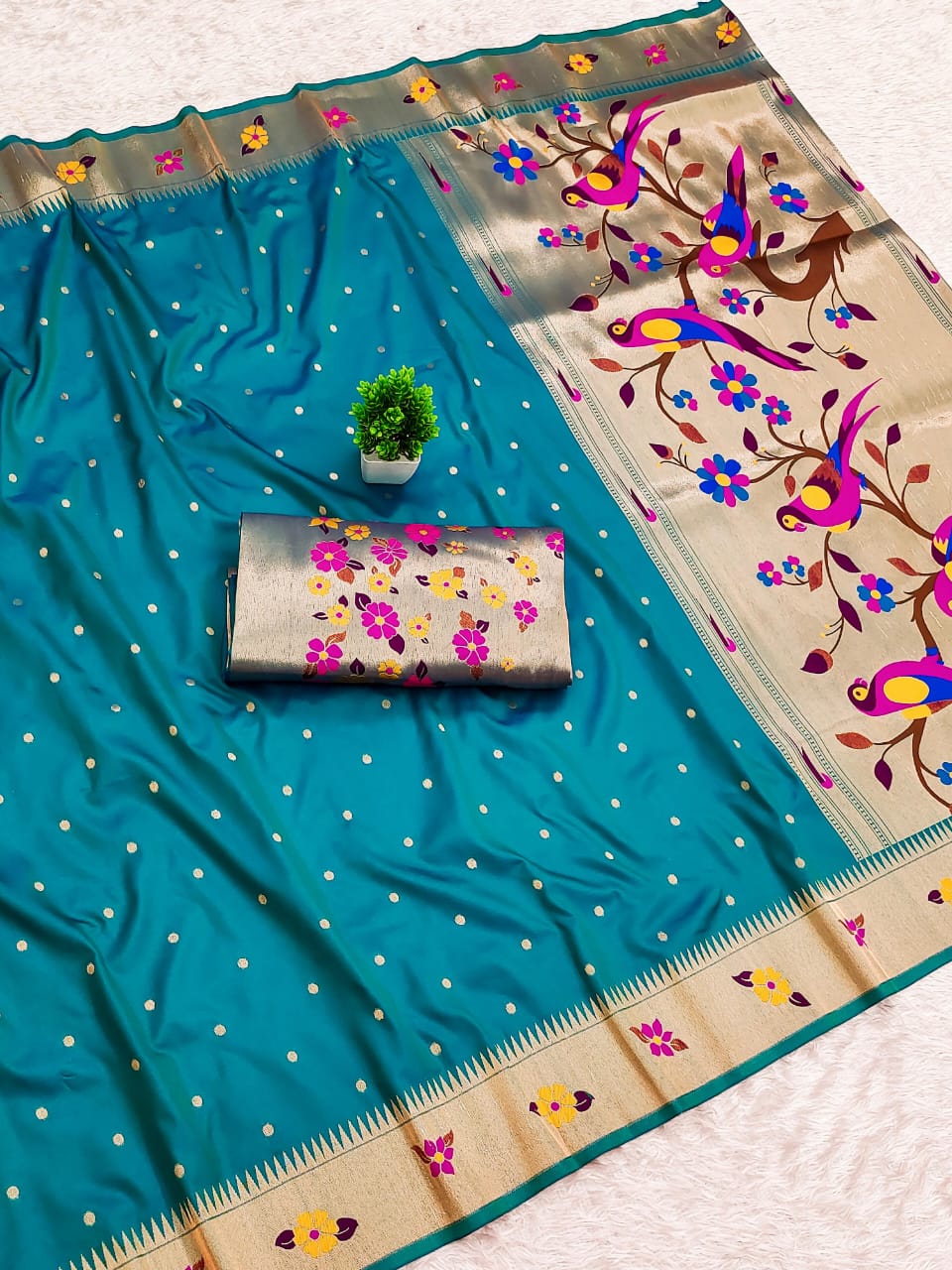 Beautiful Flower Motif Border Paithani Soft Silk Saree — With Brocade Blouse