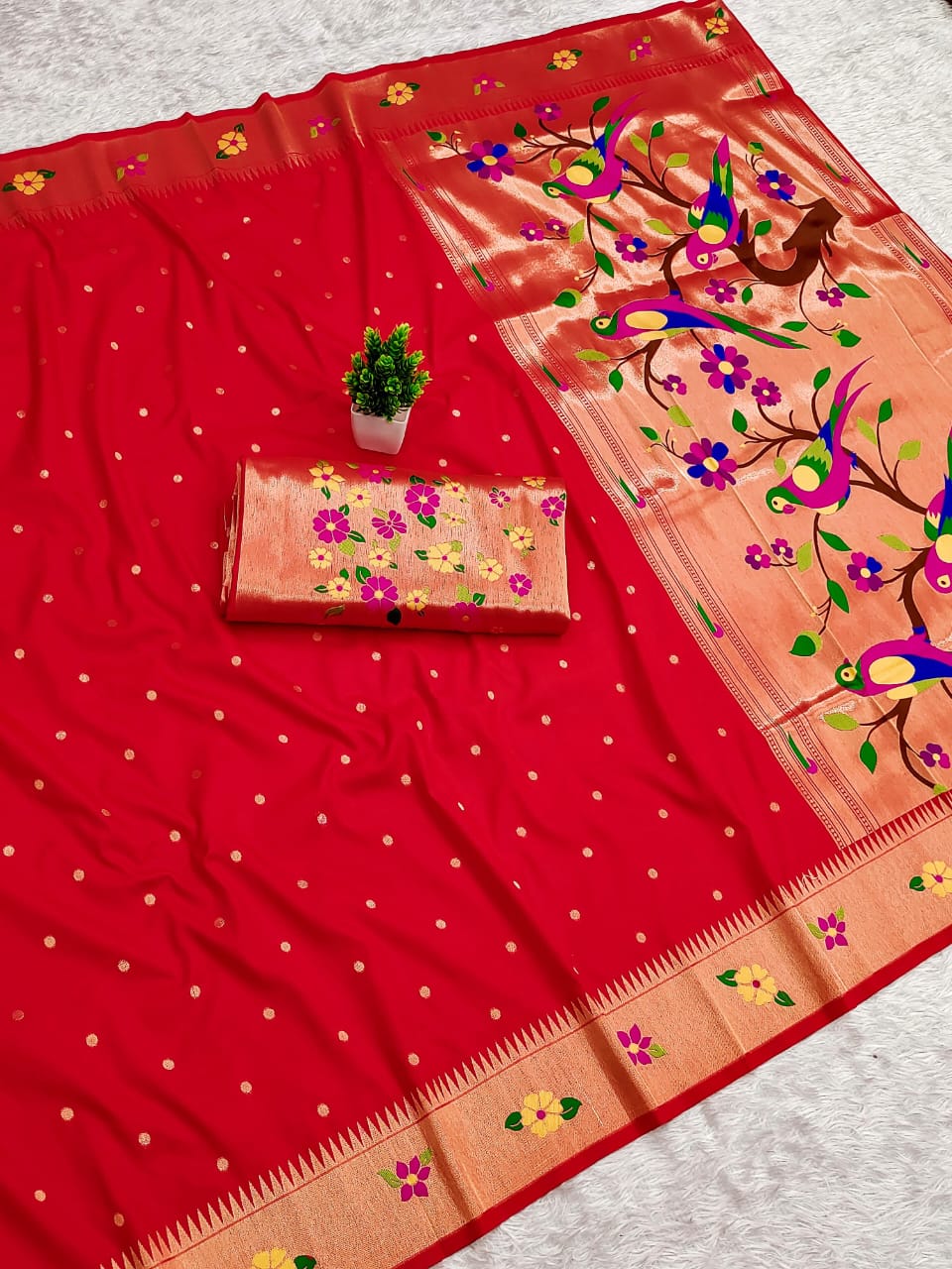 Beautiful Flower Motif Border Paithani Soft Silk Saree — With Brocade Blouse
