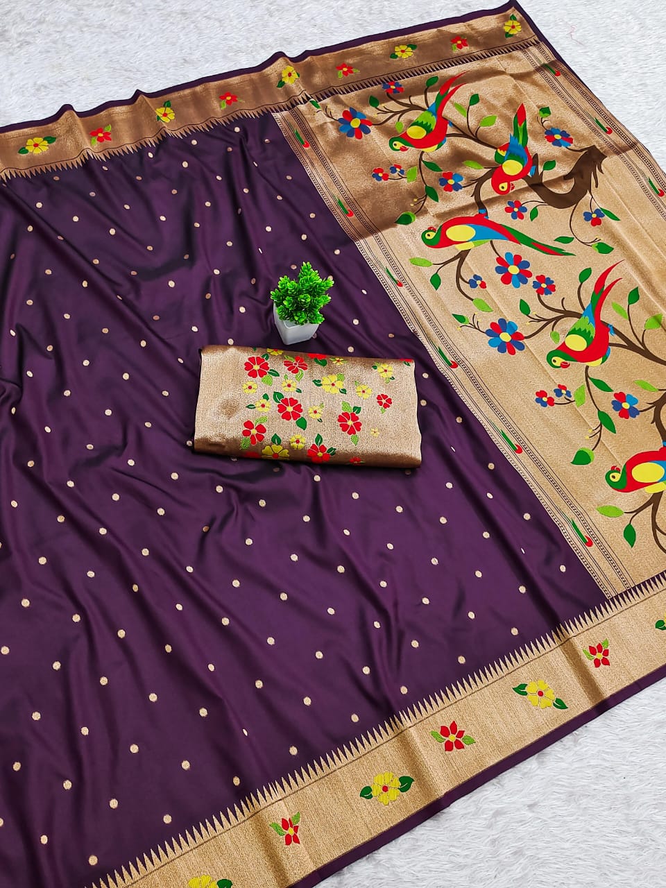 Beautiful Flower Motif Border Paithani Soft Silk Saree — With Brocade Blouse