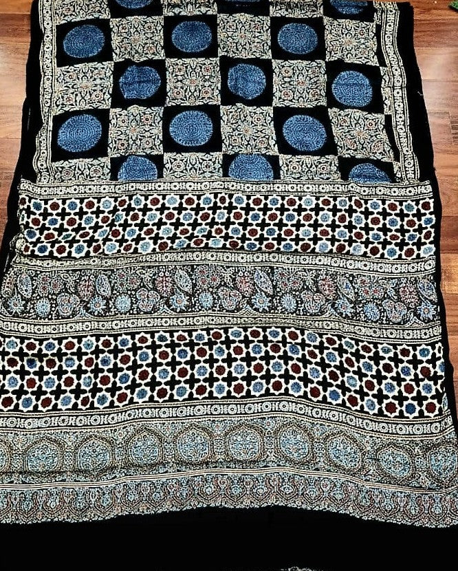 Pure Modal Silk Saree with Ajrakh Hand-Block Print | Natural Vegetable Dye