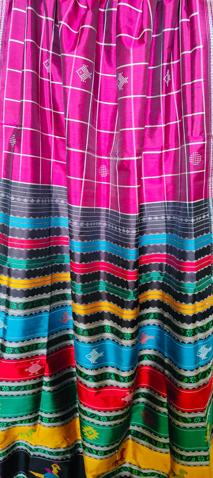 Gorgeous Festive Pink Berhampuri Double Pallu Pure Mulberry Silk Saree with Heavy Thread Work