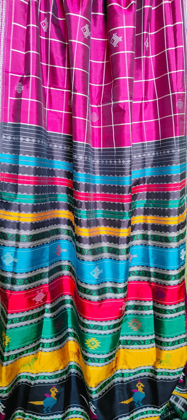 Gorgeous Festive Pink Berhampuri Double Pallu Pure Mulberry Silk Saree with Heavy Thread Work